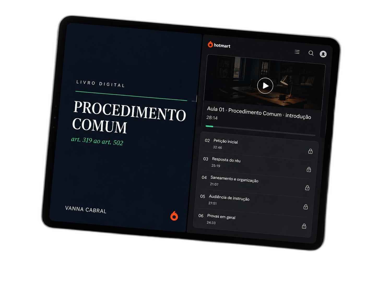 iPad mostrando a capa do livro digital do Procedimento Comum ao lado do painel de aulas.