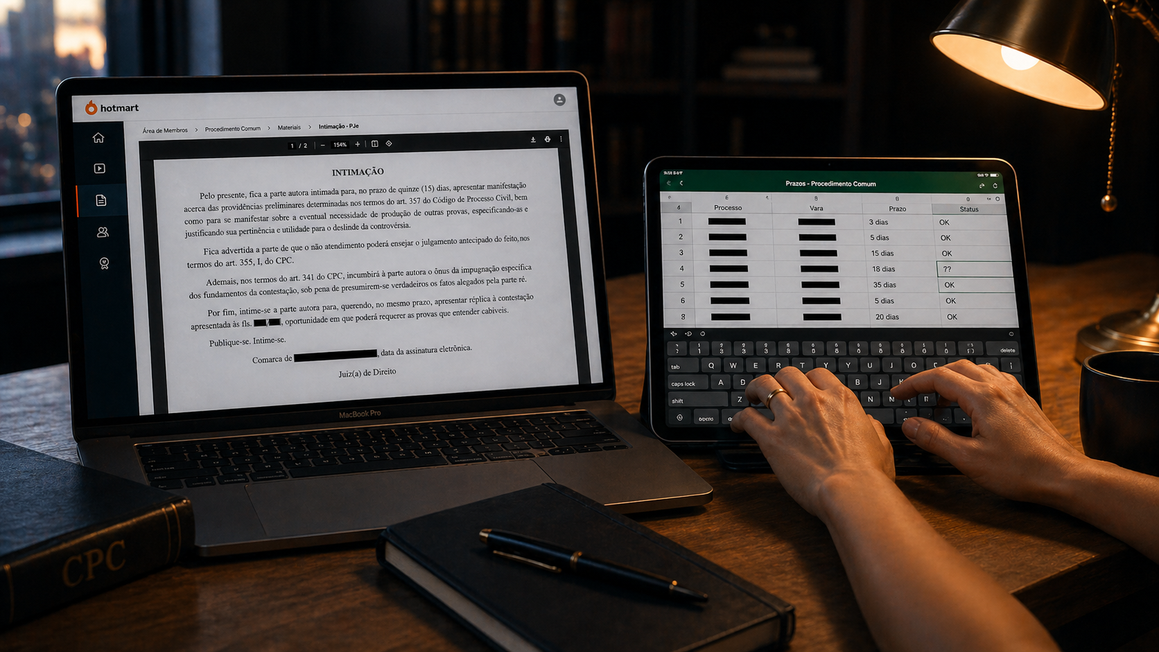 Mãos da advogada digitando ?? na planilha de prazos enquanto a intimação está aberta no MacBook ao lado.