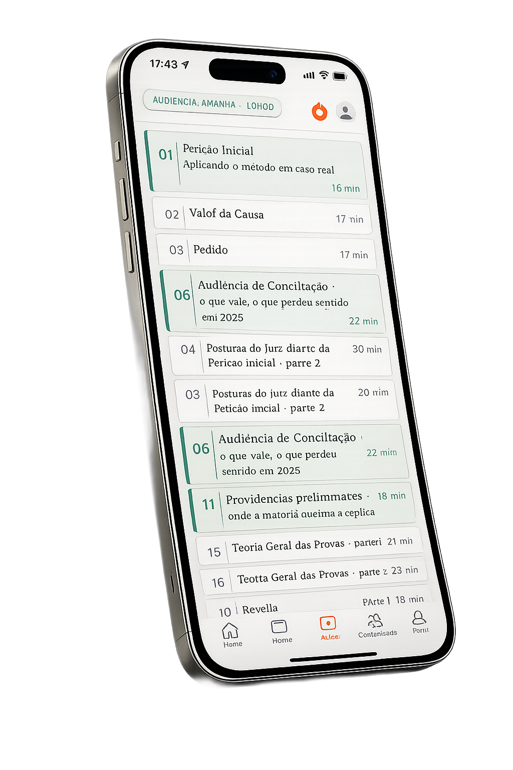 iPhone mostrando a fase Postulatória do curso com 11 aulas listadas.