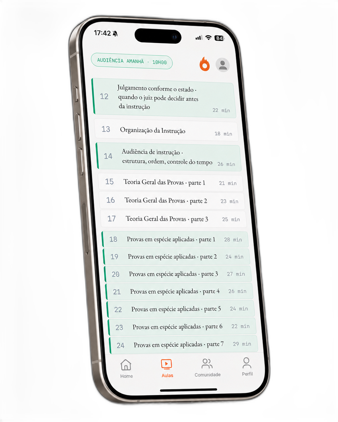iPhone mostrando a fase Instrutória do curso com 13 aulas listadas.