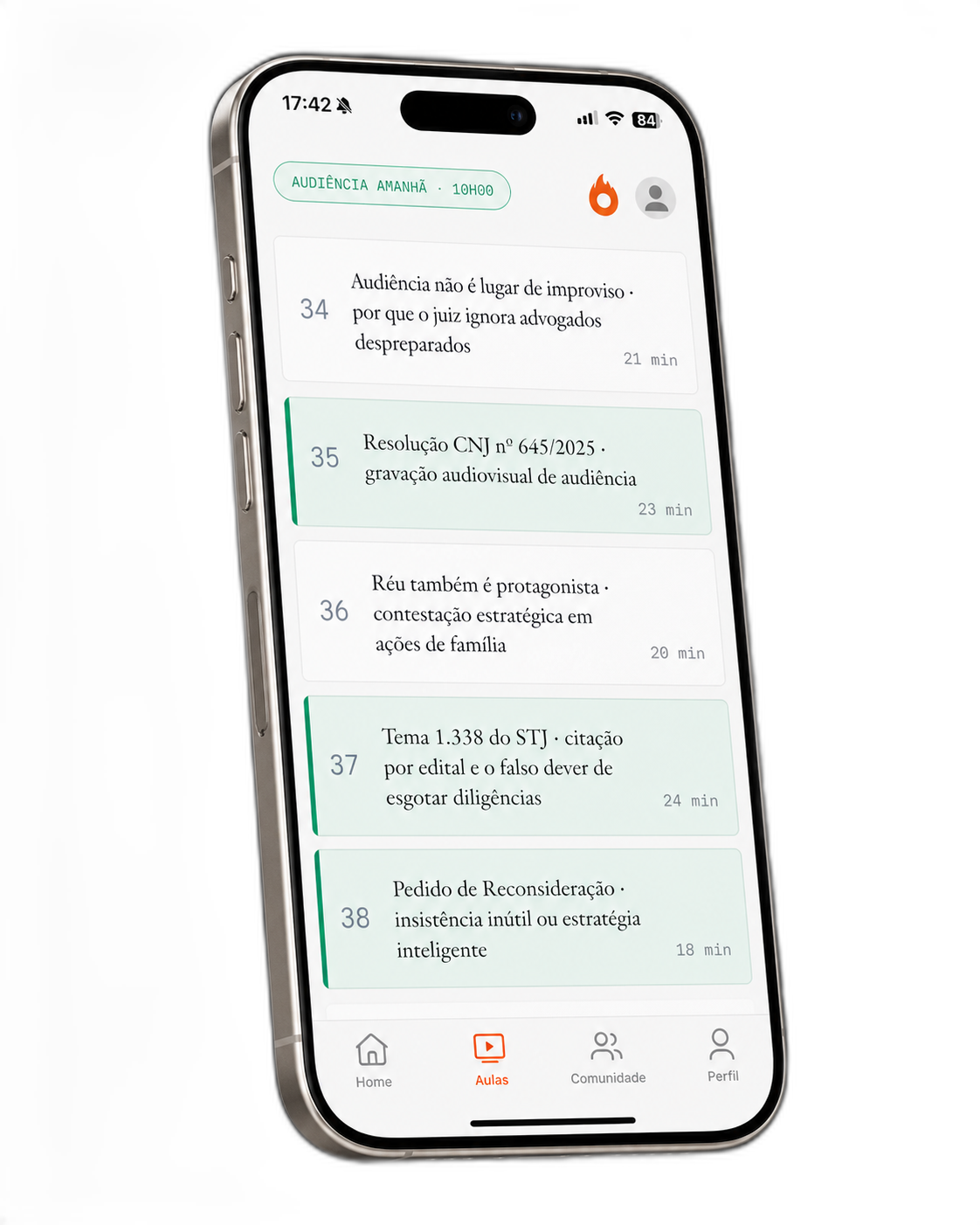 iPhone mostrando a fase Decisória do curso com 14 aulas listadas, 7 novas em 2026.