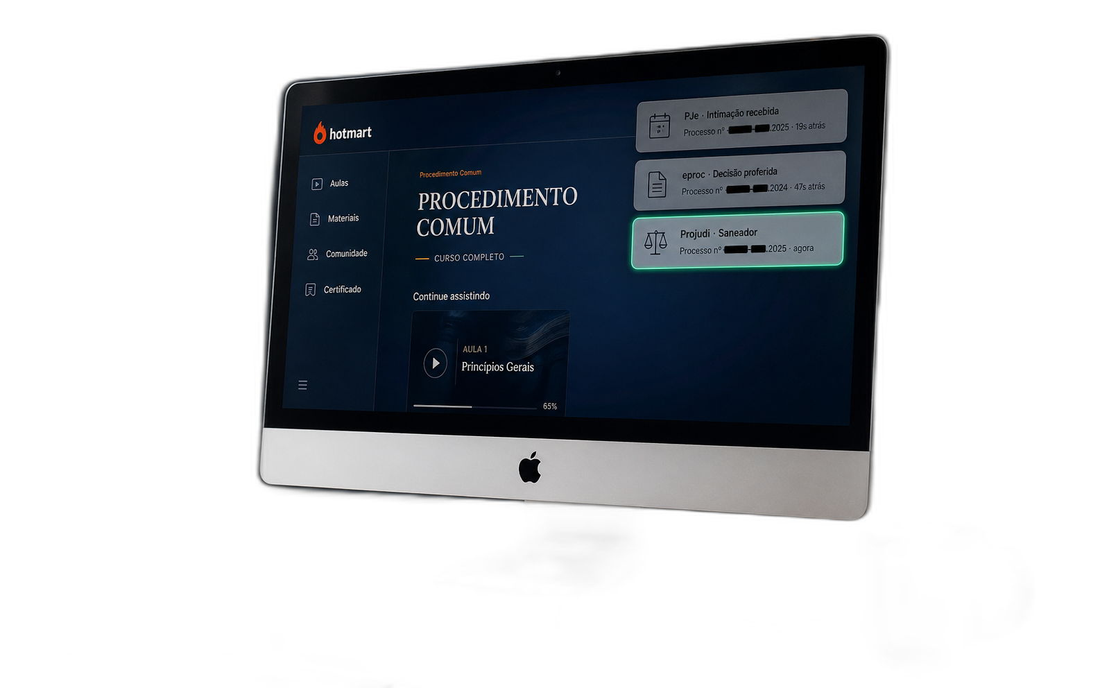 iMac mostrando a área de membros do Procedimento Comum com notificações de intimação chegando.